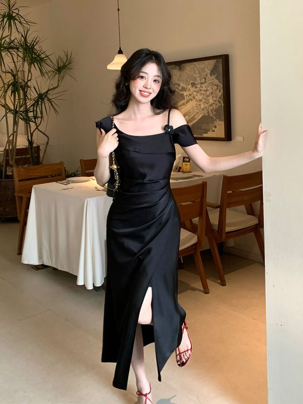 High waisted satin style off shoulder floral dress