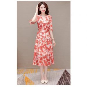 Fashionable V-neck high-end printed flared sleeves slim fit and slimming temperament summer floral women's dress