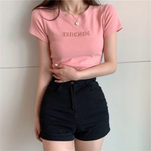 Summer New Korean Version Slim Fit Short Sleeve T-Shirt with Letter Embroidery