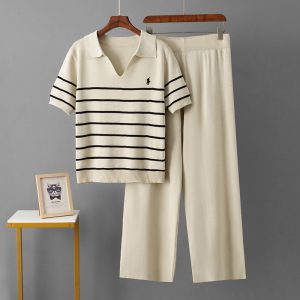 POLO collar knitted striped T-shirt+loose casual pants women's set