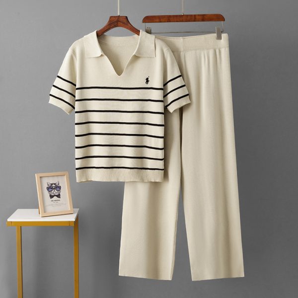 POLO collar knitted striped T-shirt+loose casual pants women's set