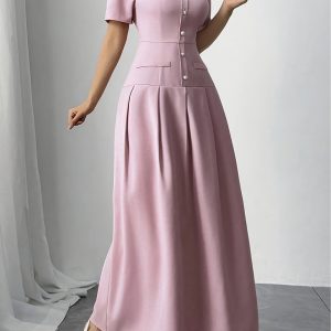 Summer New Simple Elegant Waist-Defining Slimming Square Neck Dress