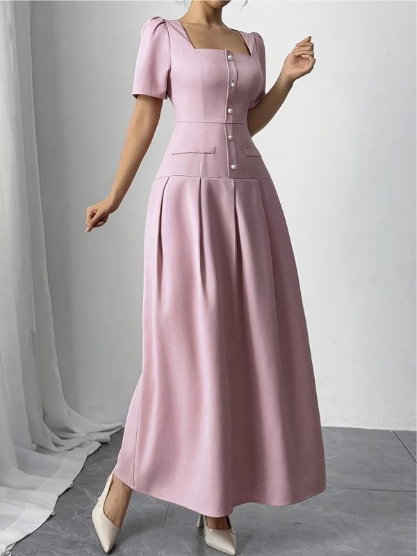 Summer New Simple Elegant Waist-Defining Slimming Square Neck Dress