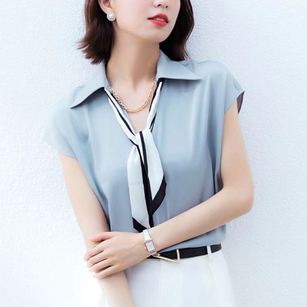 Women's summer new style professional with ribbon decoration chain short sleeved shirt