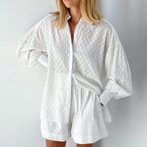 Summer women's clothing European and American shirt jacquard bubble sleeve temperament top shorts commuting design casual suit