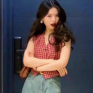style retro V-neck button up sleeveless checkered shirt