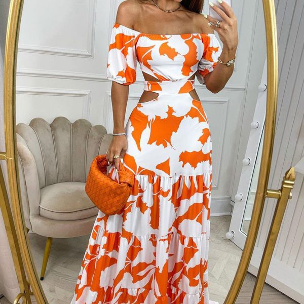 Sexy slim fit printed one neck hollowed out lace up large swing dress