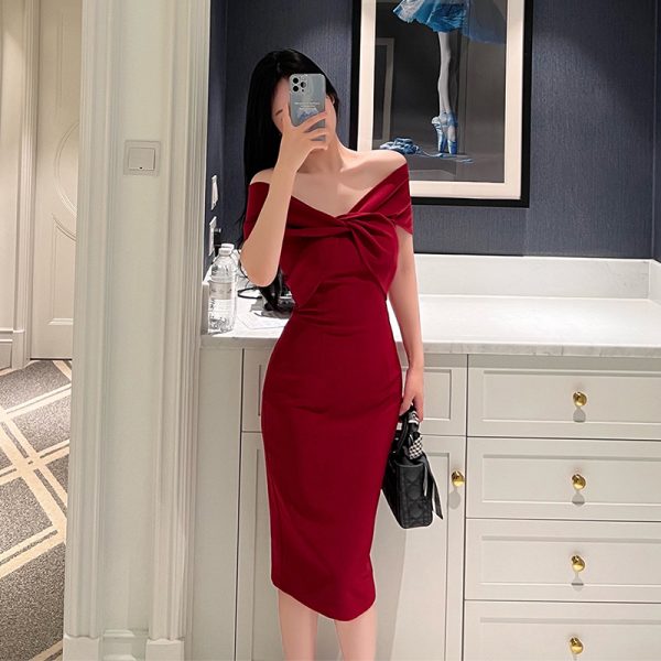 One shoulder tea break skirt, high waist slim fit, twisted and wrapped hip dress