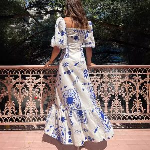 Casual one collar printed lantern sleeves slim fit large swing cotton and linen dress
