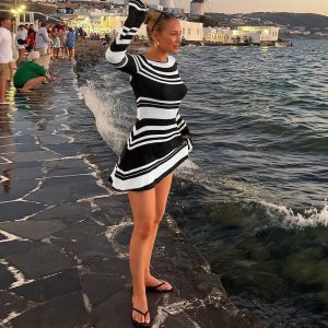 Trendy striped knitted slim fit high waist dress