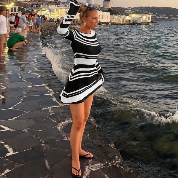 Trendy striped knitted slim fit high waist dress