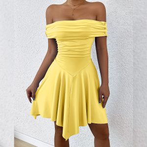 Summer new cross-border women's clothing European and American one neck irregular strapless, off the shoulder slim and sexy dress