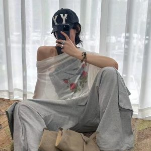 Lazy style summer thin rose swallow diagonal shoulder printed short sleeved T-shirt