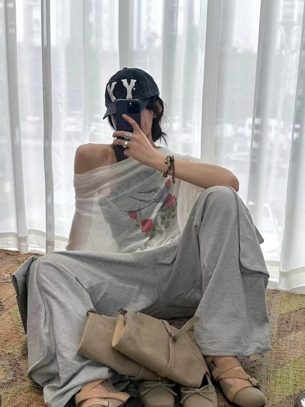 Lazy style summer thin rose swallow diagonal shoulder printed short sleeved T-shirt