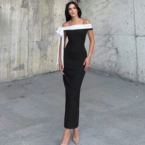 One shoulder ribbon slim fit solid color dress