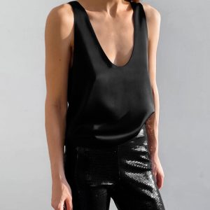 Commuter Minimalist Satin Deep V-Neck Camisole Top for Women - Loose Fit Ice Silk Summer Top, European and American Style