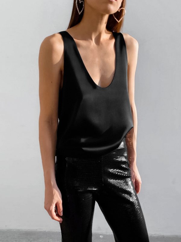 Commuter Minimalist Satin Deep V-Neck Camisole Top for Women - Loose Fit Ice Silk Summer Top, European and American Style