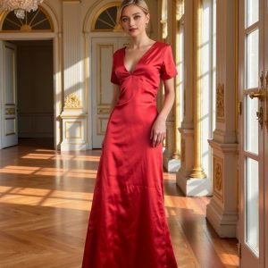 V-neck texture short sleeved long dress evening gown