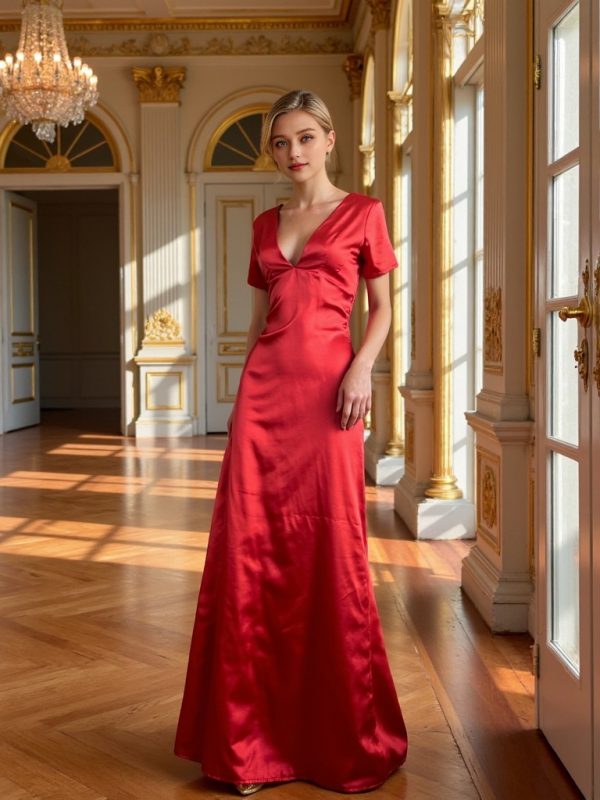 V-neck texture short sleeved long dress evening gown