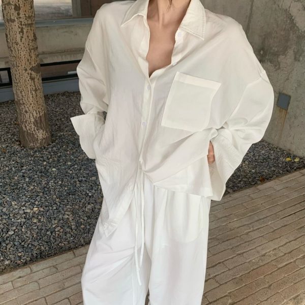Collar Shirt Top Relaxation Set Women's Summer Fashion Casual Wide Leg Pants Two Piece Set