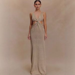 Sexy Twisted Vest Long Dress Gold and Silver Thread Spring and Summer V-neck
