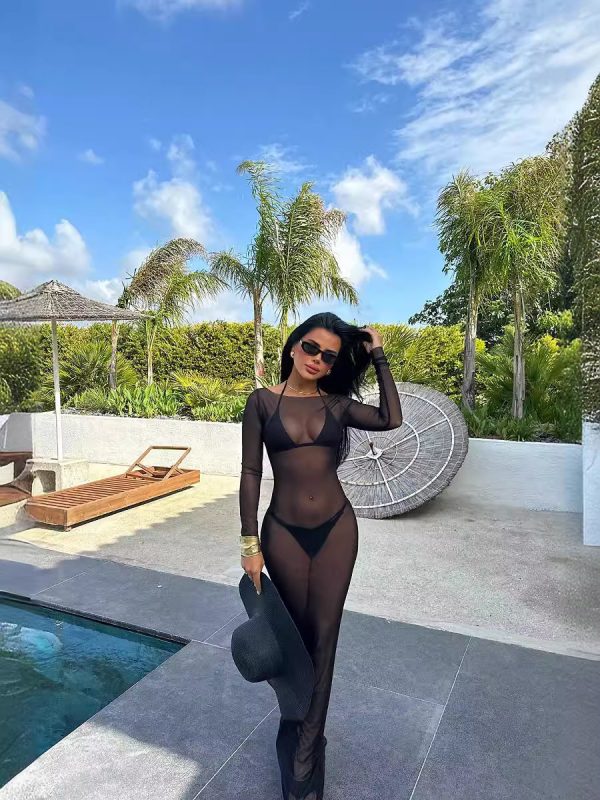 Tailored mesh see through one shoulder long sleeved dress