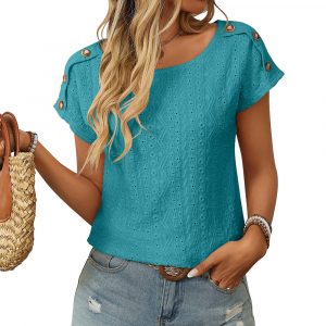 Spring and summer new solid color round neck button short sleeved T-shirt hollowed out top