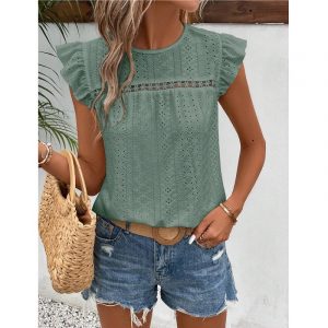 Cross border European and American foreign trade women's clothing Amazon summer new round neck lace solid color lotus leaf short sleeved top for women